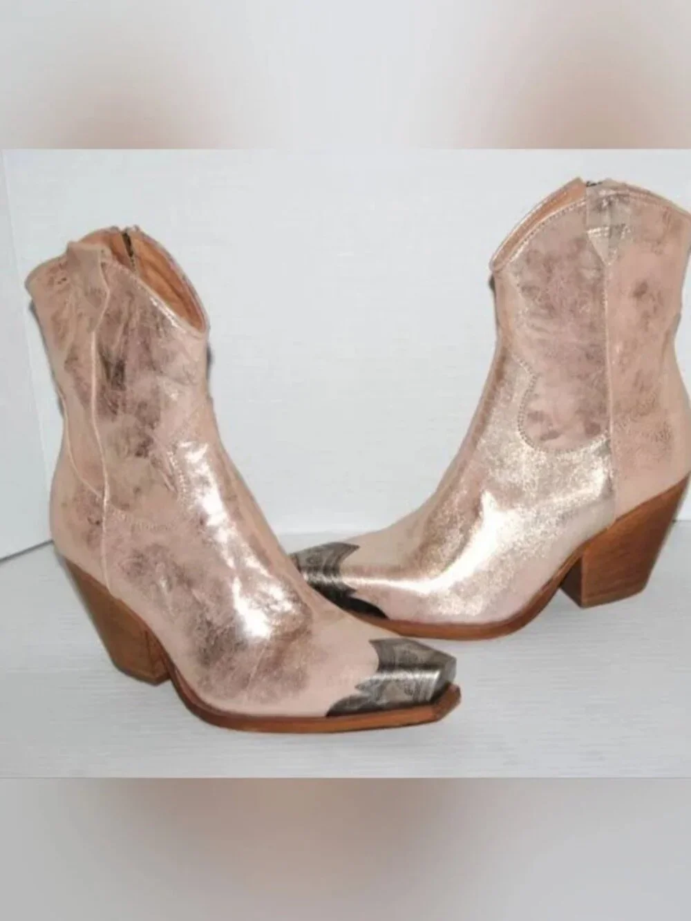Free People Western Metallic Distressed Finish Leather Boots size 38 US 7.5
